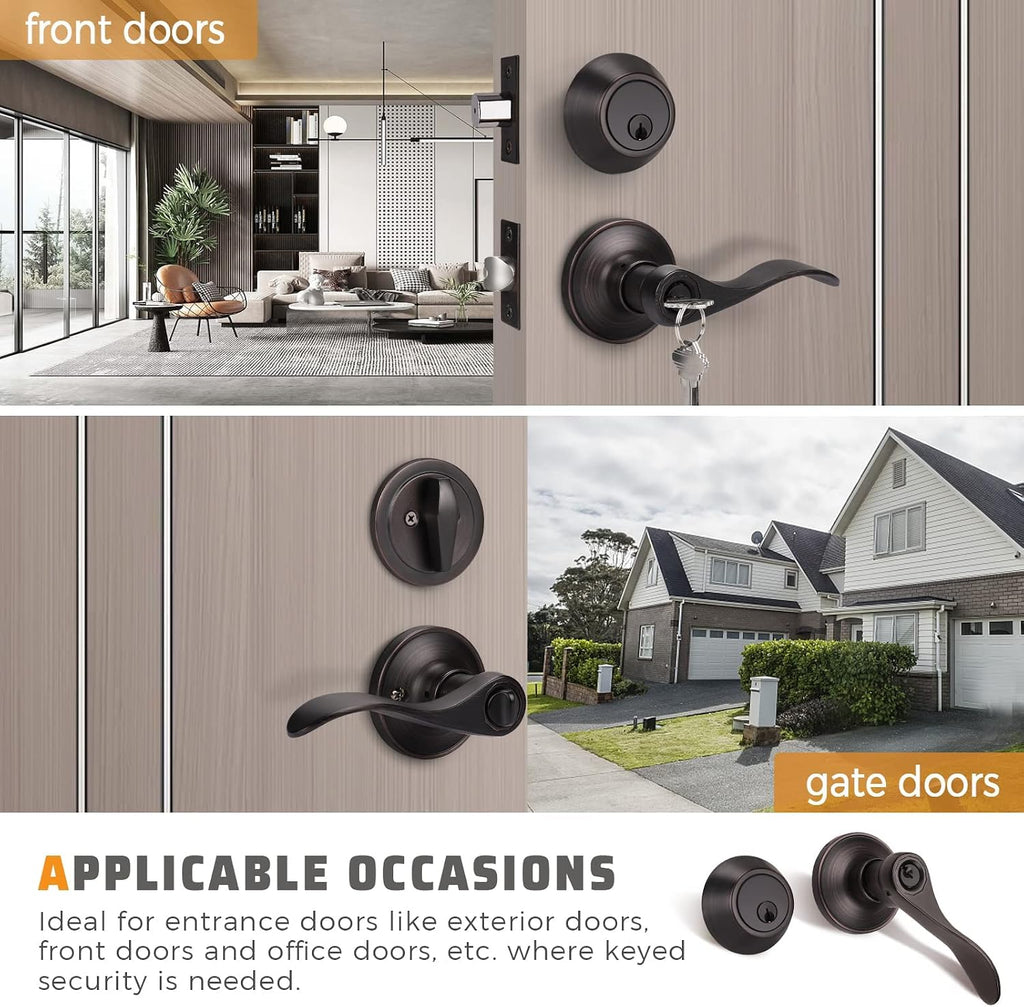 KNOBWELL 3 Pack Entrance Lever Door Handle Exterior Door Handle Single Cylinder deadbolt Set Keyed Alike Combo Locking Door Lever, Oil Rubbed Bronze