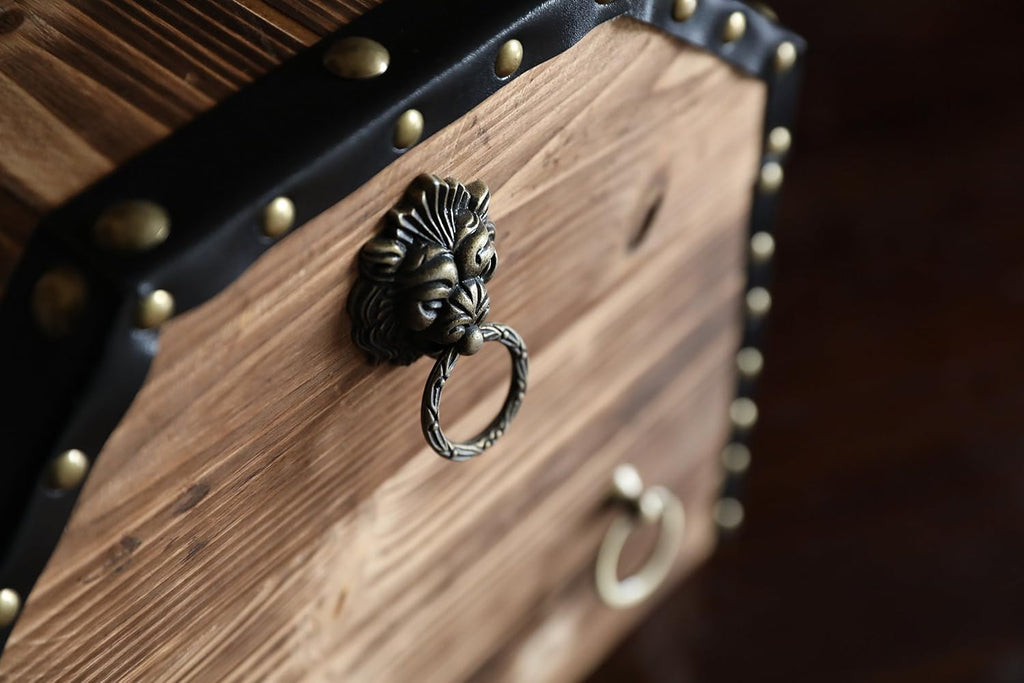 Vintiquewise Wooden Treasure Chest Trunk Vintage-Style Storage Box with Leather Straps Brass Rivets Lion Head Ornaments & Latch Closure Decorative Accent and Functional Organizer for Home Décor, Small