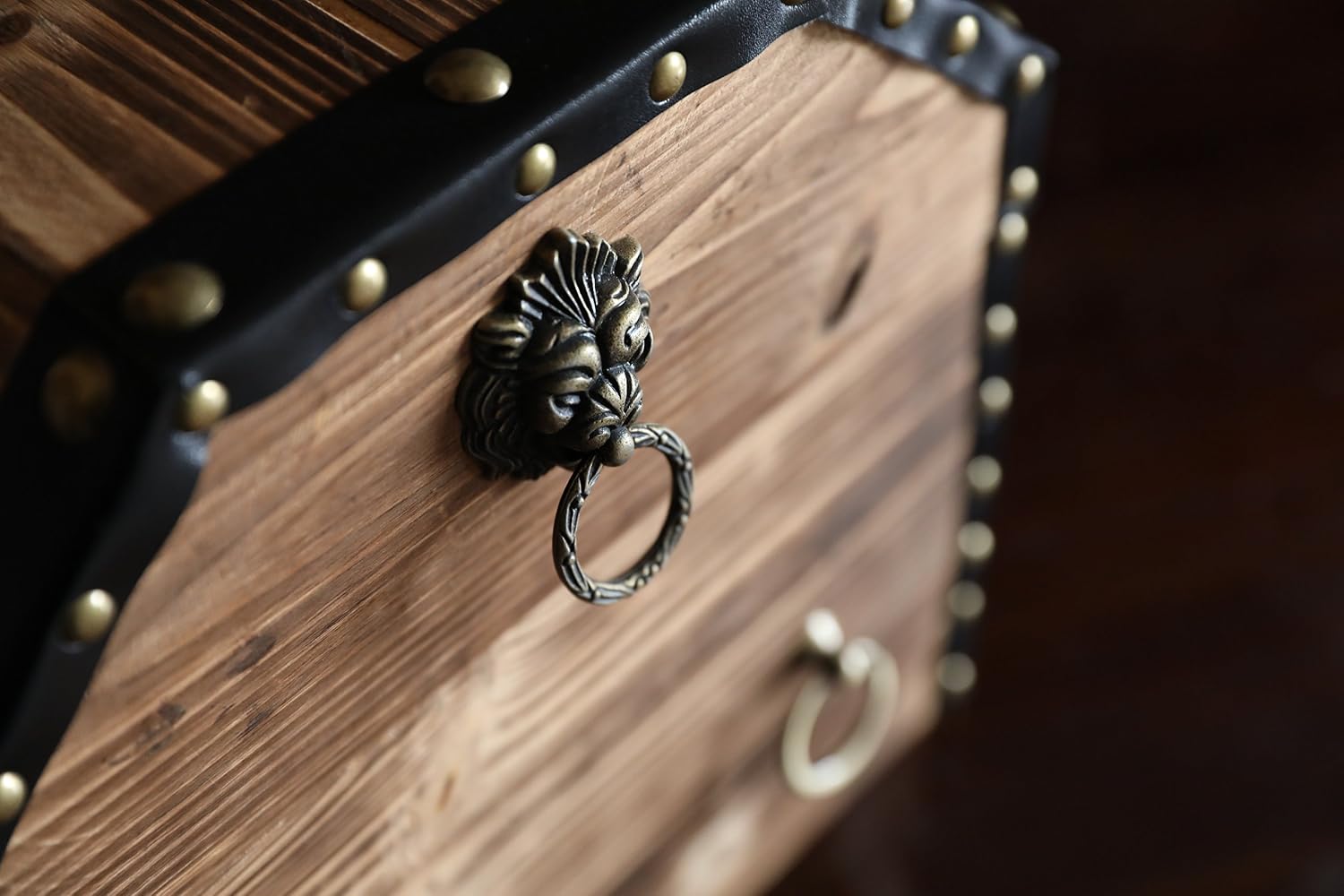 Vintiquewise Wooden Treasure Chest Trunk Vintage-Style Storage Box with Leather Straps Brass Rivets Lion Head Ornaments & Latch Closure Decorative Accent and Functional Organizer for Home Décor, Small