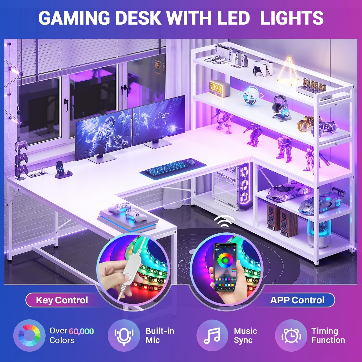 SEDETA L Shaped Computer Desk, 63' Reversible Office Desk or Corner Desk with Storage Shelves, White Gaming Desk with LED Lights, Power Outlet