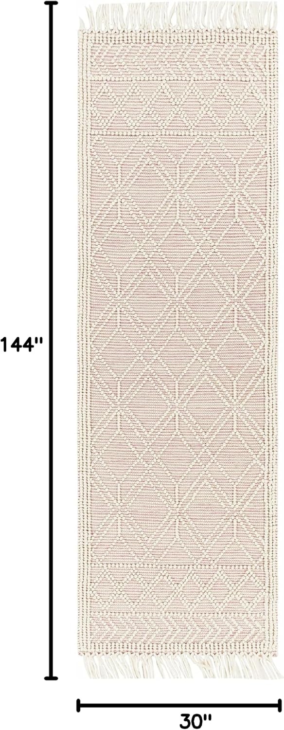 BoutiqueRugs Pink Trellis Transitional Wool 12ft Runner Rug Hand Woven Ivory Diamond Traditional Ramsbury Hallway Kitchen Corridor Stairway Laundry Room 2'6' x 12' Stain Resistant Non-Shedding