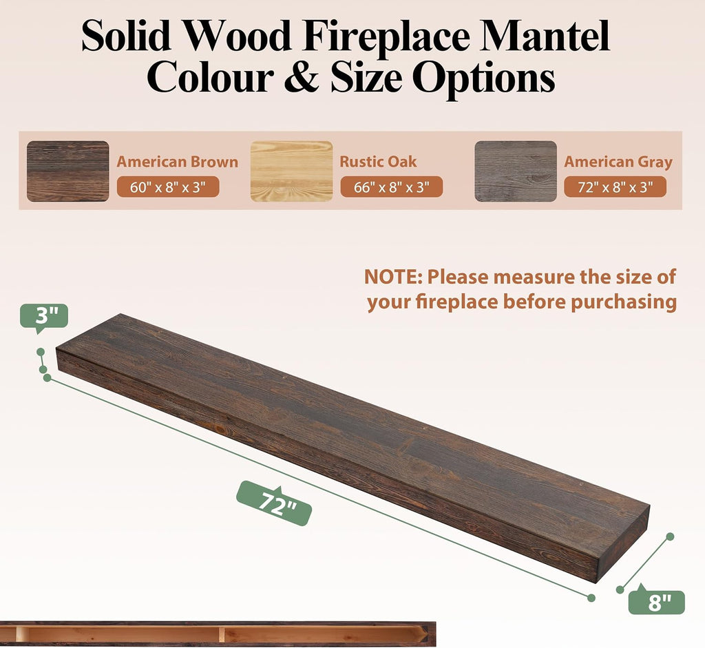 72 Inch Fireplace Mantel Shelf - 8' Deep Solid Wood Floating Mantel for Over Fireplace - 120LBS with Invisible Bracket - Handcrafted TV Decor for Livingroom & Bedroom -Charred Rustic Brown
