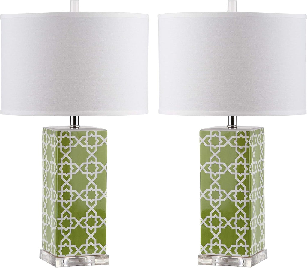 SAFAVIEH Lighting Collection Quatrefoil Modern Contemporary Green 27-inch Bedroom Living Room Home Office Desk Nightstand Table Lamp Set of 2 (LED Bulbs Included)