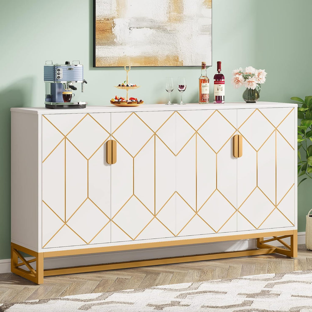 Tribesigns White Gold Storage Cabinet with Door and Adjustable Shelves for Living Room, Modern Floor Cabinets Long Sideboard Buffet Golden Coffee Bar with 4 Doors Metal Frame for Home Office Kitchen