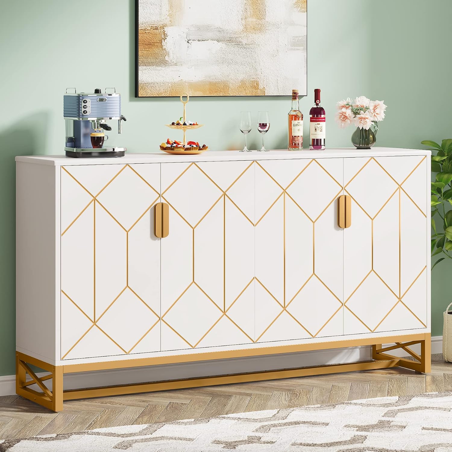 Tribesigns White Gold Storage Cabinet with Door and Adjustable Shelves for Living Room, Modern Floor Cabinets Long Sideboard Buffet Golden Coffee Bar with 4 Doors Metal Frame for Home Office Kitchen