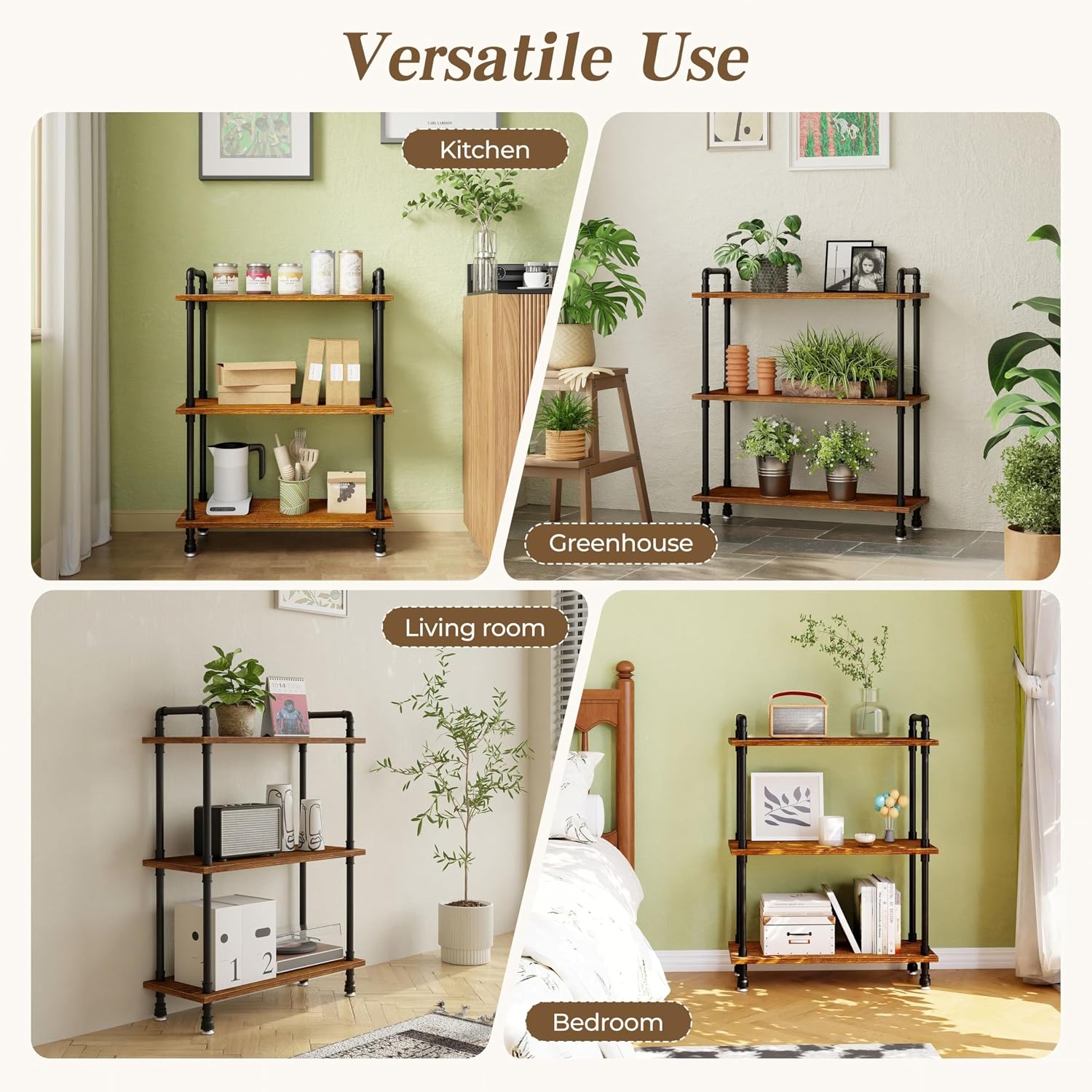 Industrial Bookshelf, Rustic Open Bookcase, 3 Tier Wood and Metal Bookshelves, Solid Pine Wood and Iron Pipe Storage Shelf Narrow Small Space Organizer for Living Room Office Bedroom Kitchen
