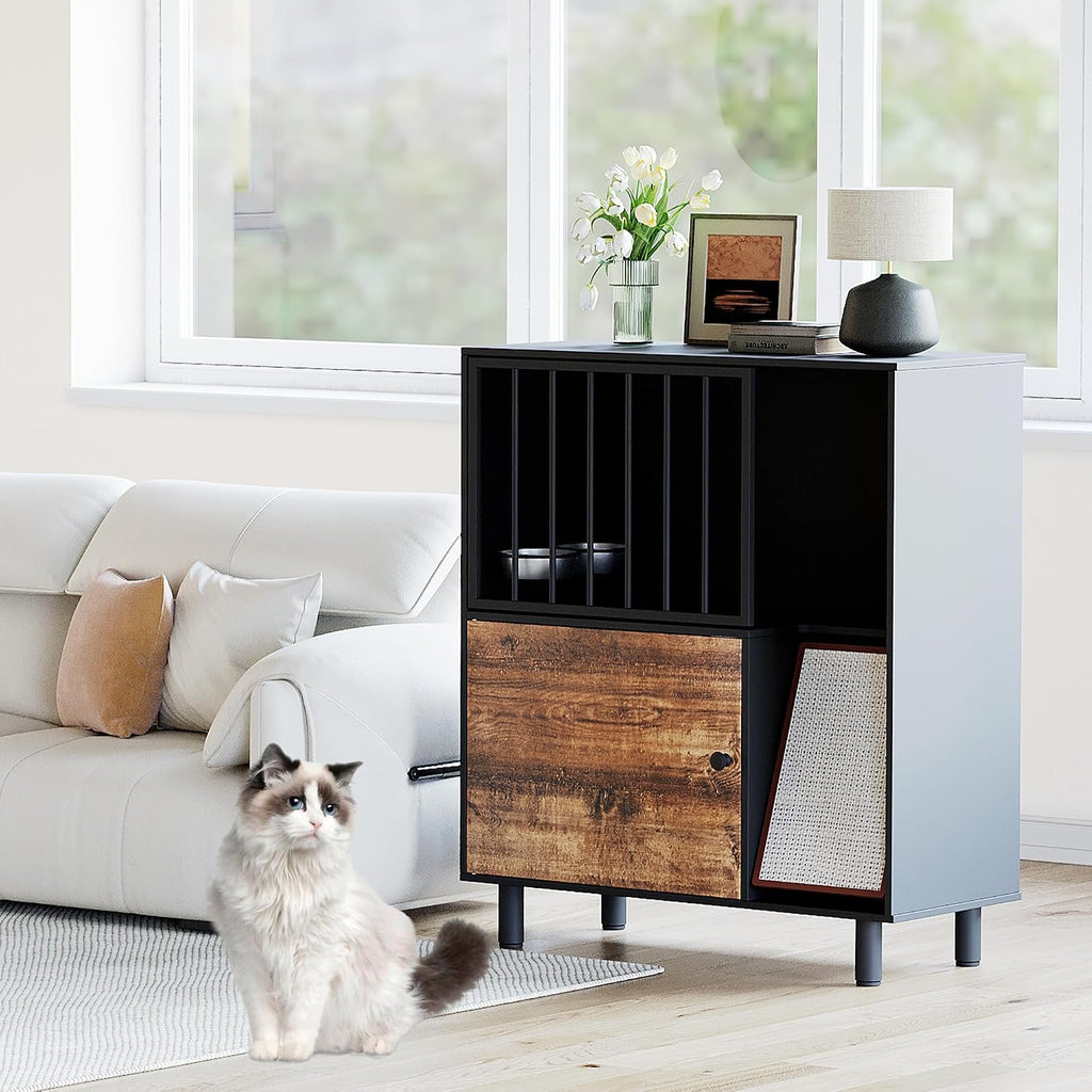 Dog Proof Cat Feeding Station, Cat Feeding Station Furniture with Storage and Cats Scratching Board, 2 Raised Pet Food and Water Bowl for Indoor Cats, Large Pet Cabinet