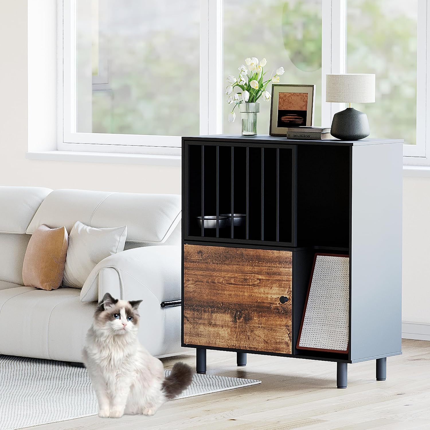 Dog Proof Cat Feeding Station, Cat Feeding Station Furniture with Storage and Cats Scratching Board, 2 Raised Pet Food and Water Bowl for Indoor Cats, Large Pet Cabinet