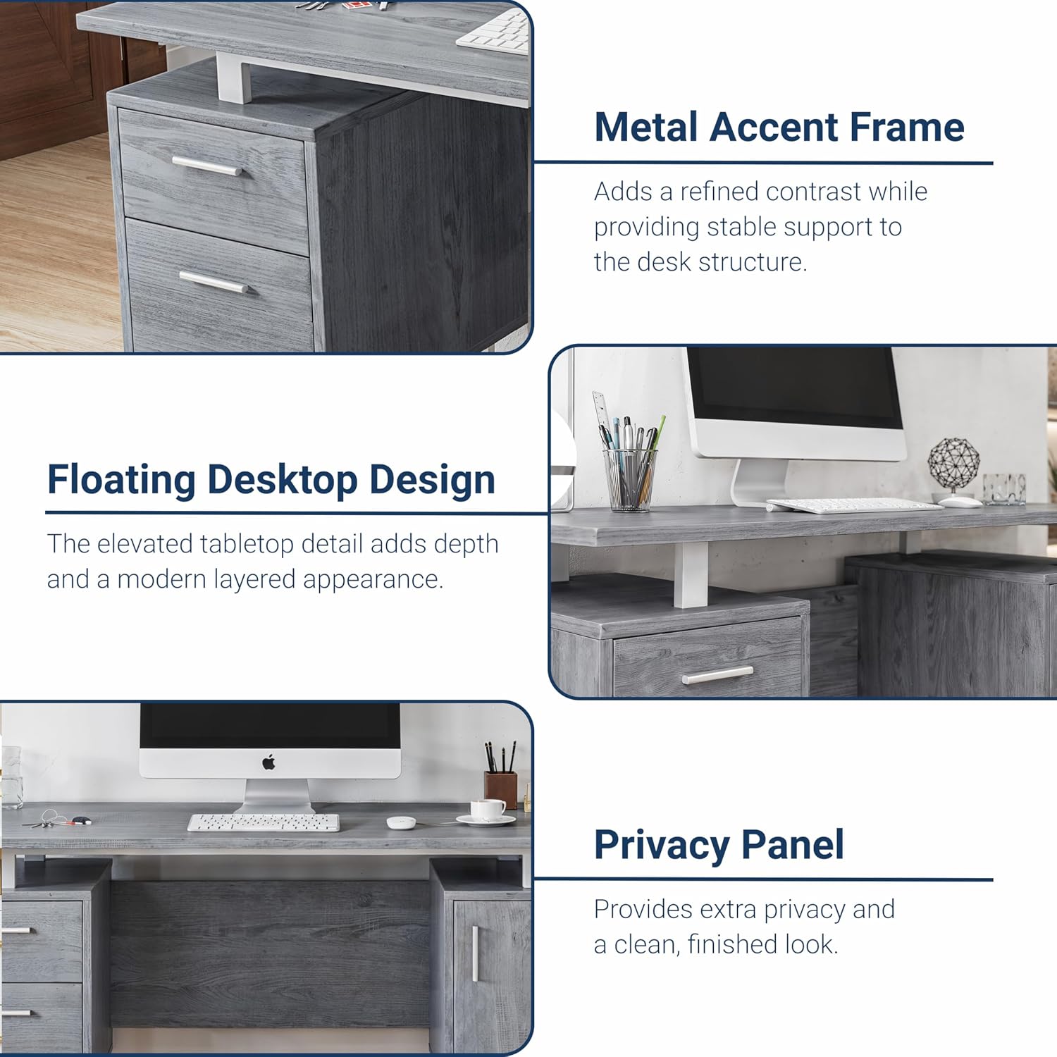 Techni Mobili Modern Office Desk with Storage, Gray