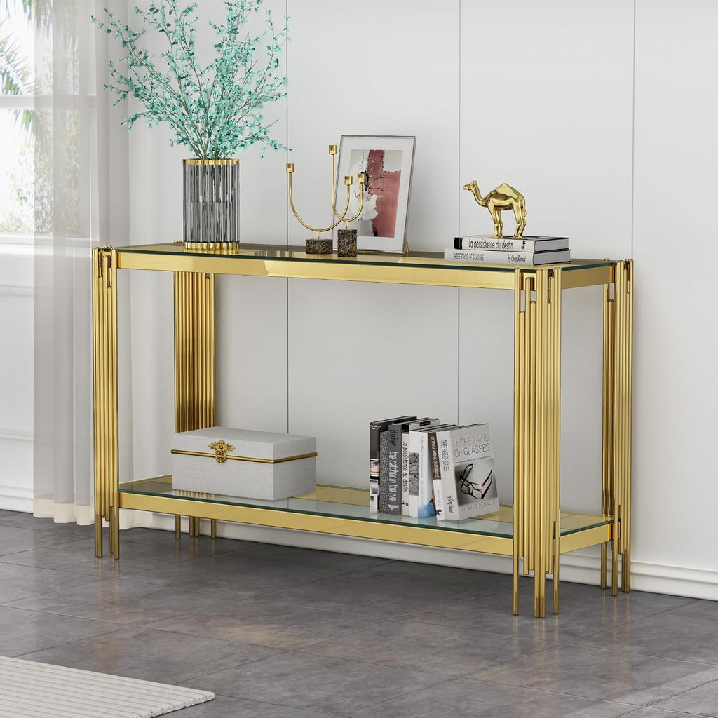 55' Glass Gold Console Table Luxury 2-Tier Sofa Table for Living Room, Rectangular Modern Entryway Hall Table with Clear Glass Top & Golden Stainless Steel Legs