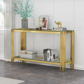 55' Glass Gold Console Table Luxury 2-Tier Sofa Table for Living Room, Rectangular Modern Entryway Hall Table with Clear Glass Top & Golden Stainless Steel Legs