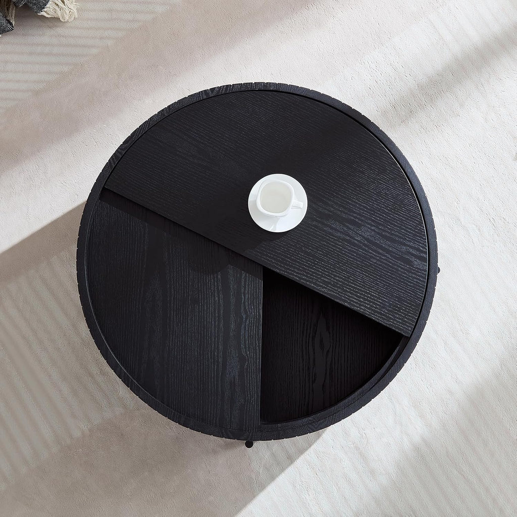Wooden Round Coffee Table with Storage, 31.49' Mid Century Modern Fluted Coffee Table, Unique Circle Center Table Accent Sofa Side End Tea Table for Living Room Apartment, Black