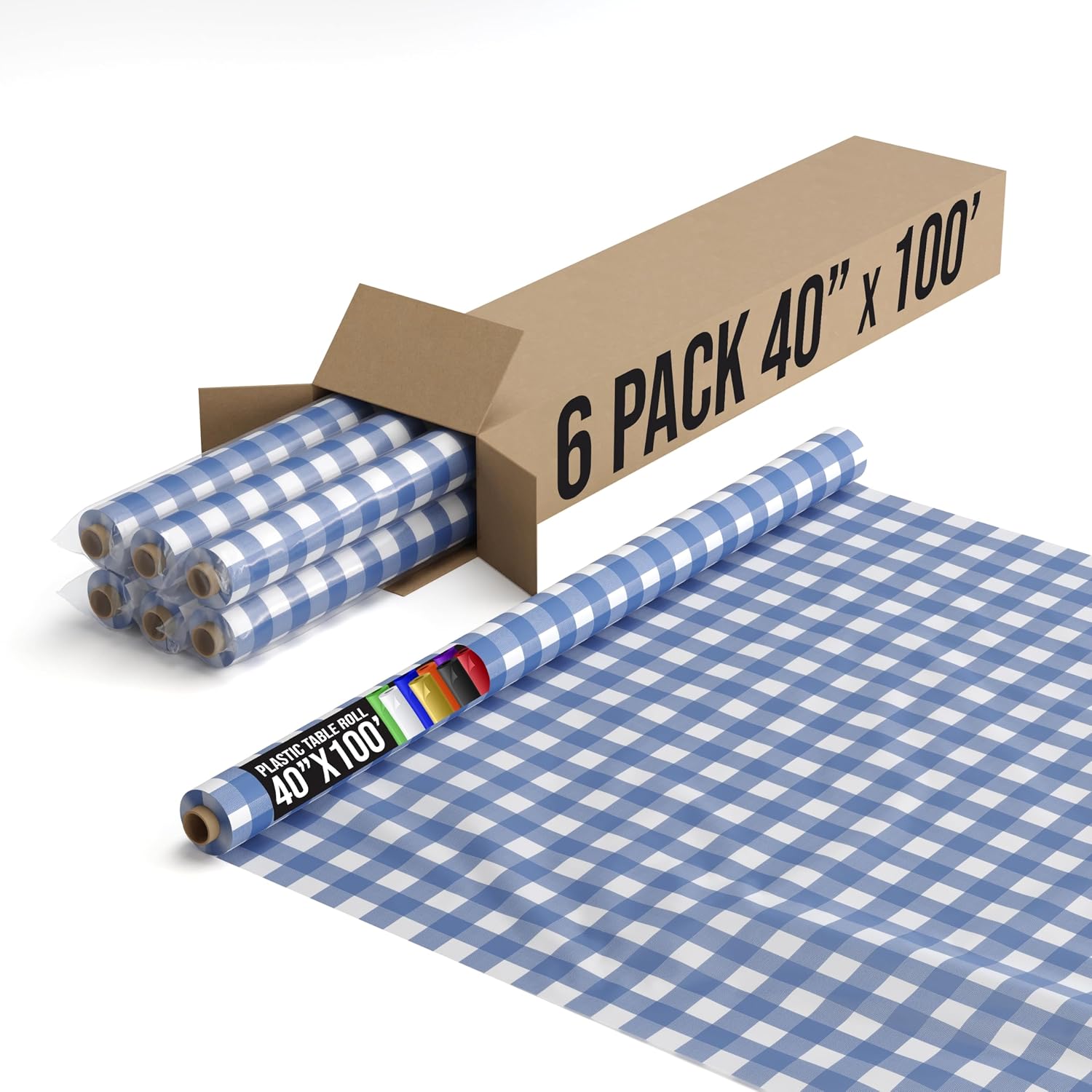 Exquisite Party Solids Blue Gingham Plastic Table Cover Roll Pack of 6, 40' X 100' Table Cloth Plastic Cover Roll - Premium Quality Thick 0.5 MIL Banquet Rolls - Disposable Tablecloth Rolls