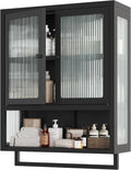 Bathroom Wall Cabinet, Over The Toilet Space Saver Storage Cabinet, Medicine Cabinet with 2 Glass Door and Towel Bar, Metal Wall Mounted Cabinet for Bathroom Laundry Room Kitchen