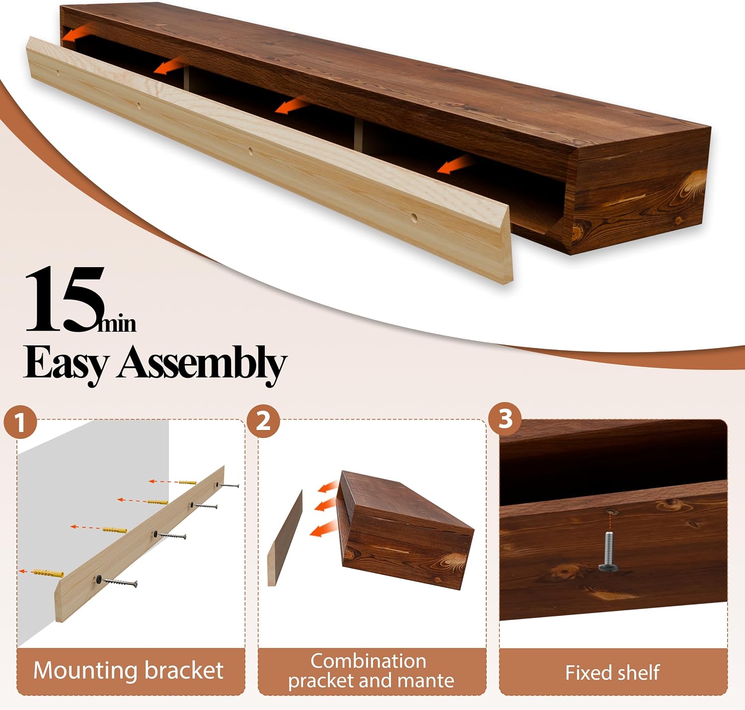 60 Inch Fireplace Mantel Shelf - 8' Deep Solid Wood Floating Mantel for Over Fireplace - 90LBS with Invisible Bracket - Handcrafted TV Decor for Livingroom & Bedroom - Rustic Brown