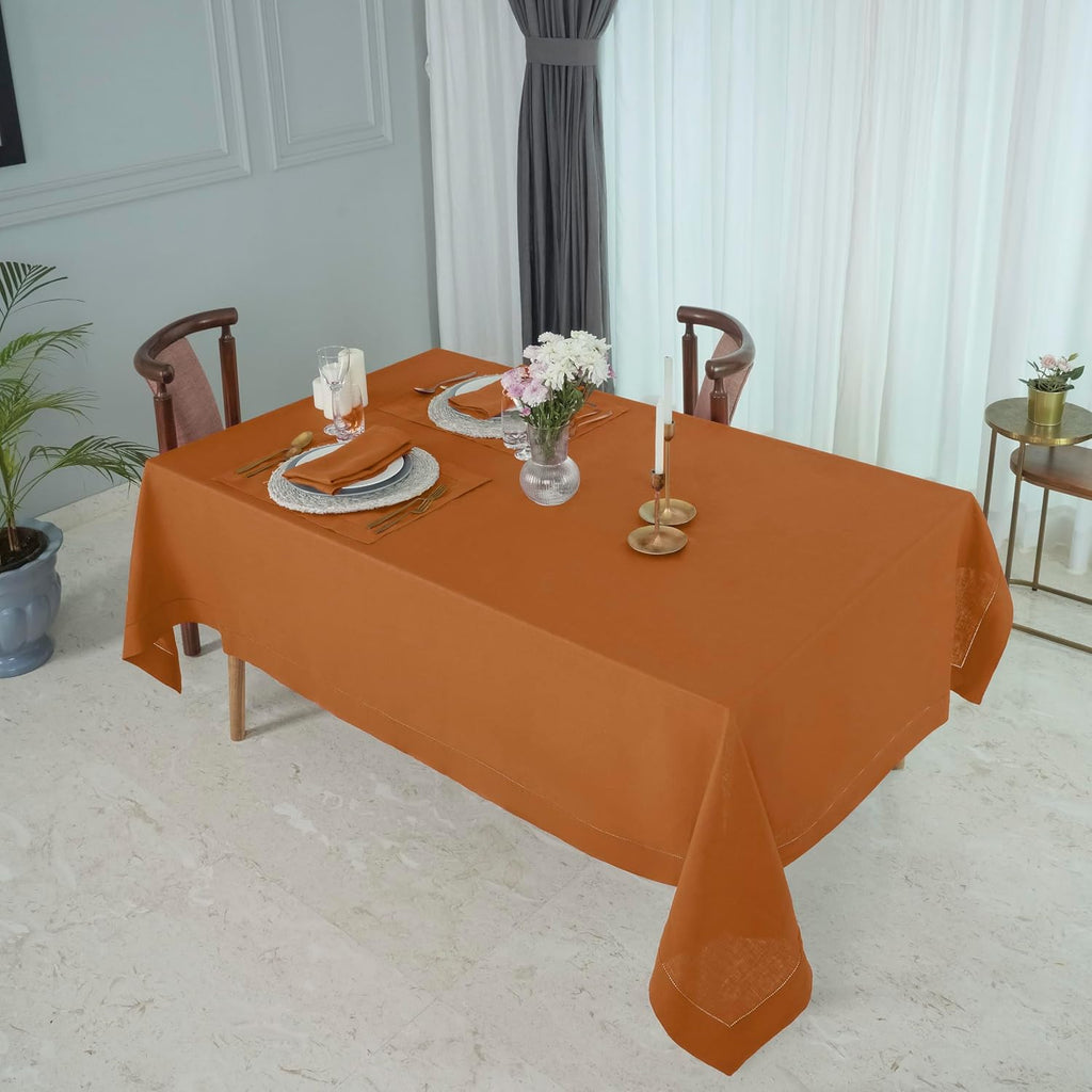 Signature Linen™ by D'Moksha Rust Tablecloth, Rectangle Tablecloth 60 x 102 Inch, 100% Pure Linen, Hemstitch, Machine Washable Table Cloth for Dining- Summer