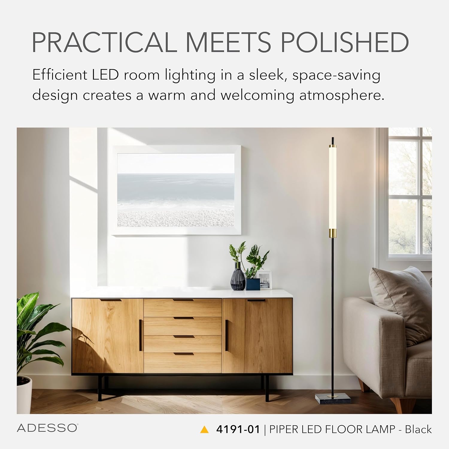 Adesso LED Floor Lamp – Black with Antique Brass and Frosted Shade, 4-Way Brightness, 12W Integrated LED Accent Light for Living Room, Bedroom, and Home Office, 72' Tall
