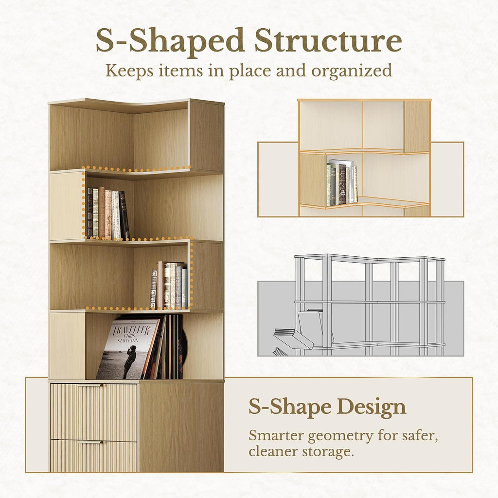 Corner Bookshelf with Drawers, 4 Tier Fluted Corner Bookcase with Storage, 71' Tall Bookcase with Storage Display Rack with Baffles for Home Office and Living Room, Light Walnut