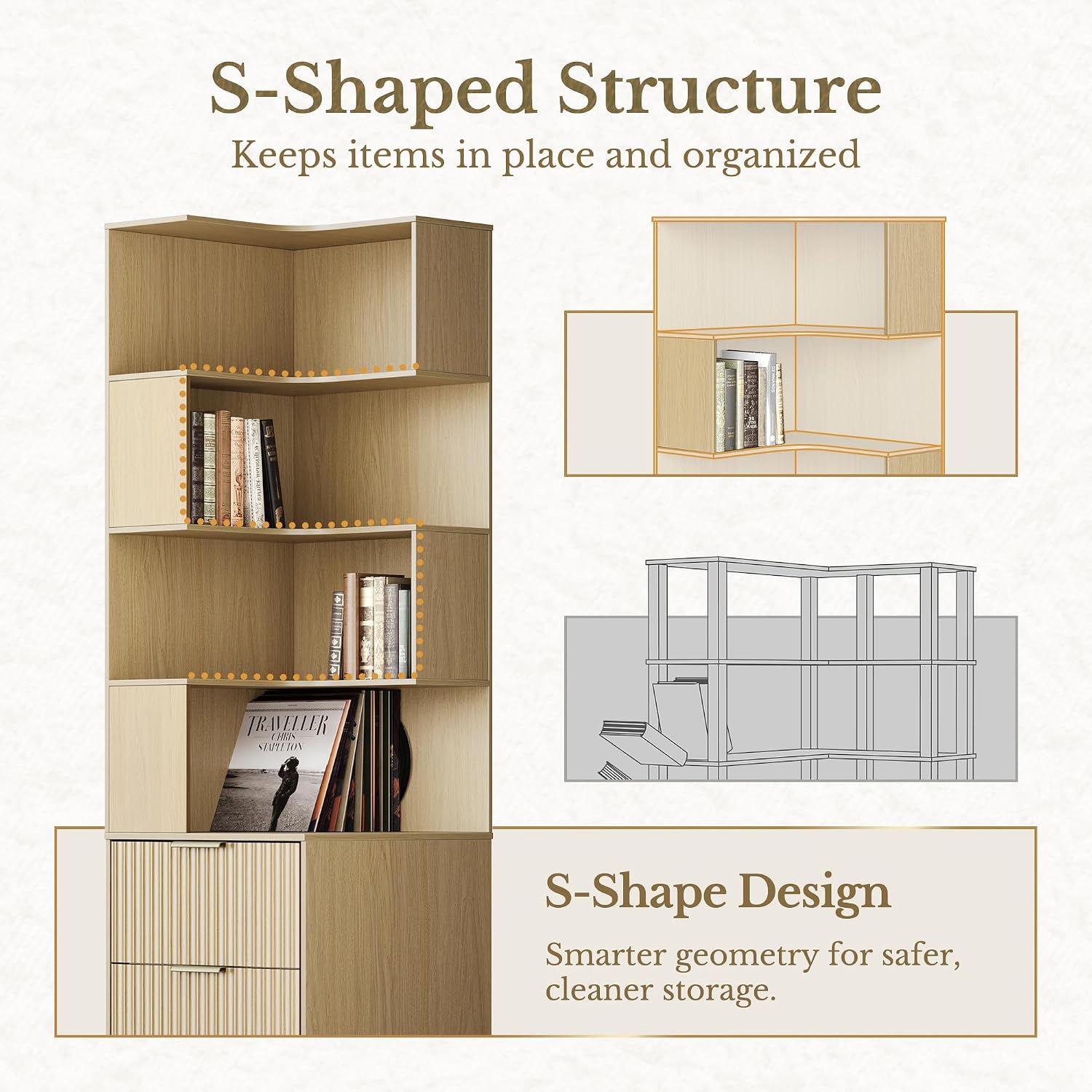 Corner Bookshelf with Drawers, 4 Tier Fluted Corner Bookcase with Storage, 71' Tall Bookcase with Storage Display Rack with Baffles for Home Office and Living Room, Light Walnut