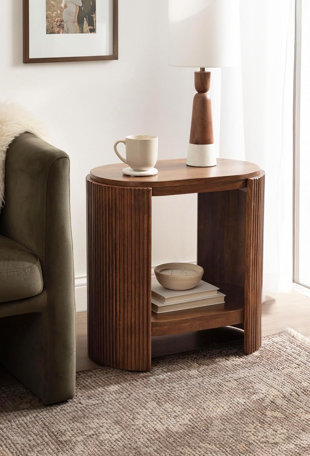 Kate and Laurel Cakora Modern Capsule Ribbed Mango Wood Side Table, 22 x 13 x 22, Walnut Brown, Mid-Century Decorative Two-Tier End Table for Use as a Bedroom Nightstand or Living Room Plant Stand