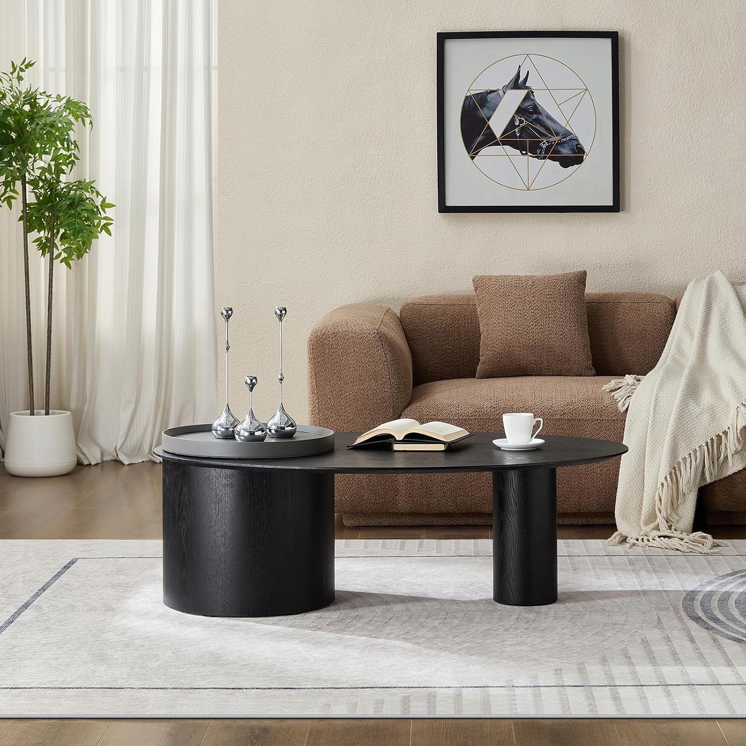Modern Wooden Oval Coffee Table with Storage, 47.24' Farmhouse Wood Coffee Table Mid Century Boho Curved Center Table with Legs for Living Room Office, Black