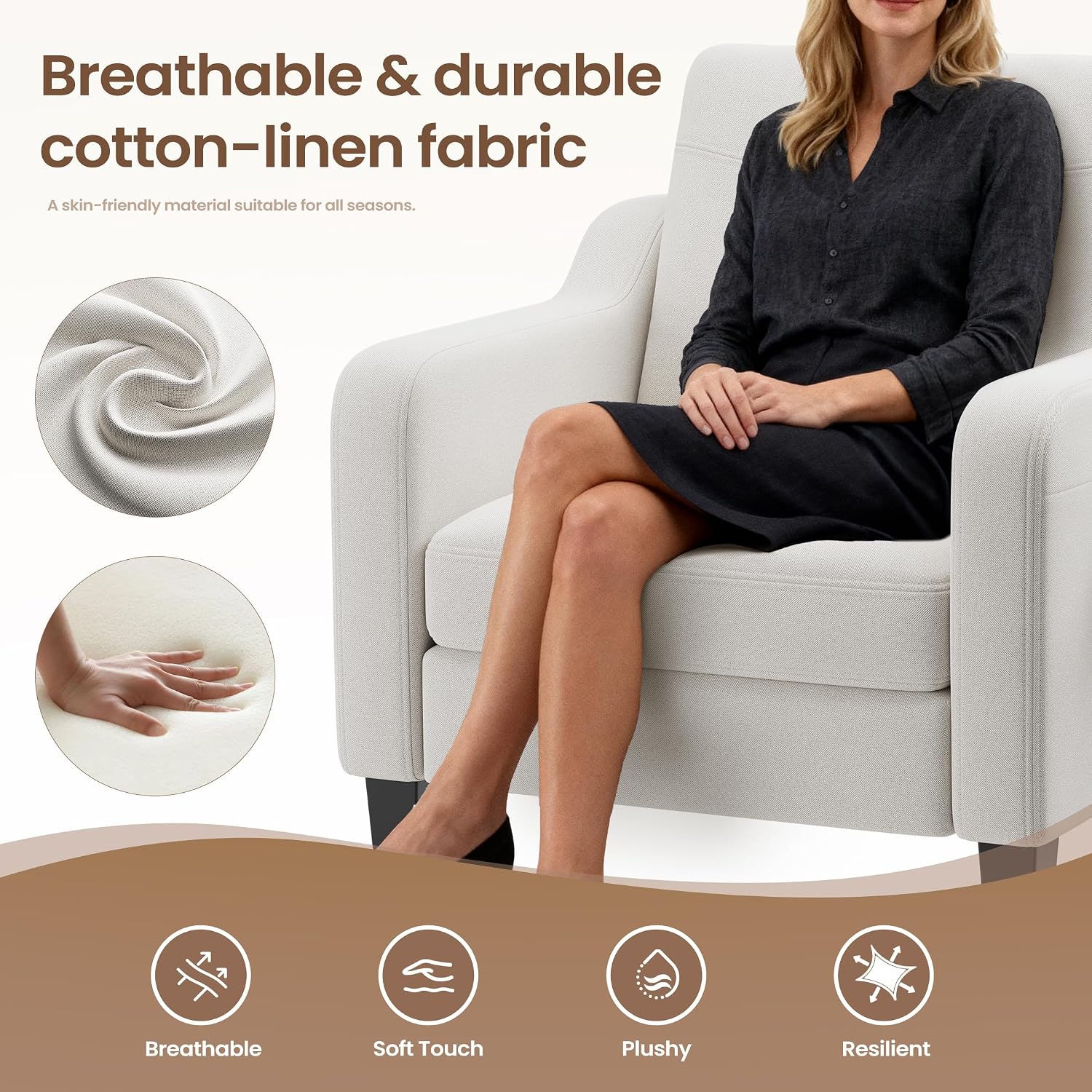 Accent Chair for Living Room Modern Linen Upholstered Armchair Side Wooden Fabric Sofa Chair with Foldable Table 2 Side Pockets Comfy Reading Chair for Bedroom