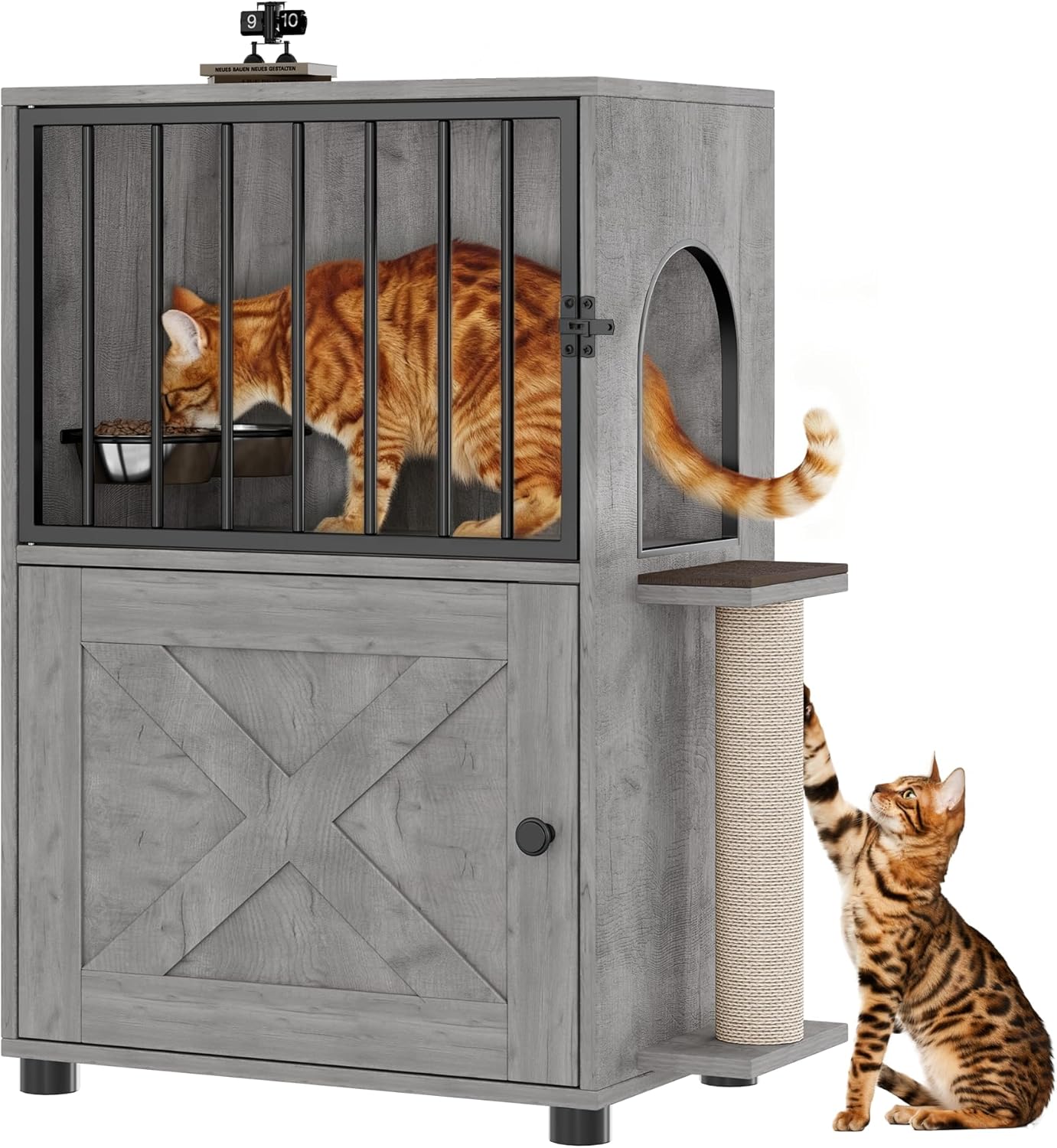 Cat Feeding Station, Dog Proof Cat Feeding Station with Scratching Post, Elevated Food Bowls with Stand, Cats Tree with Food Storage for Small Spaces, Pet House Furniture (Gray)