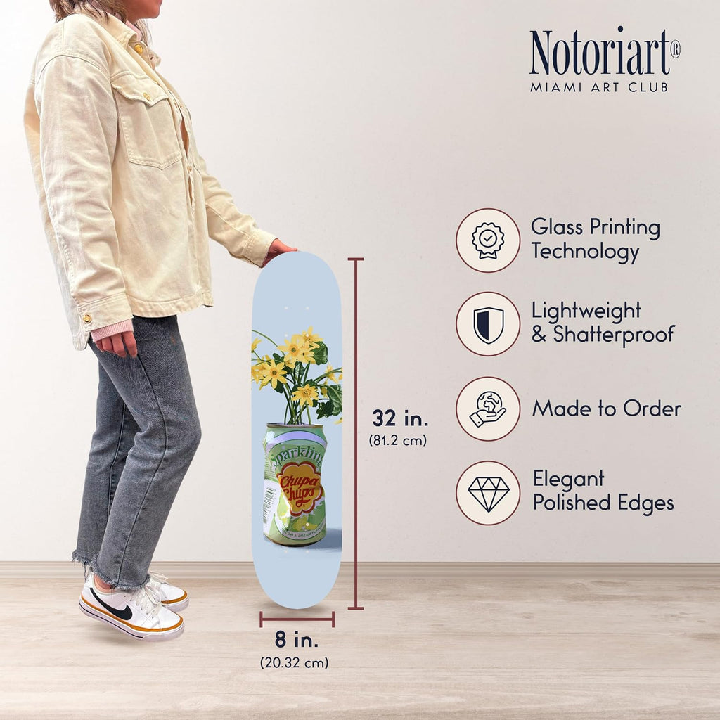 Trendy Pop Acrylic Wall Art Die-Cut Easy-to-Hang, 1 Panel 8' x 32', Sparkling Floral Vase Skateboard