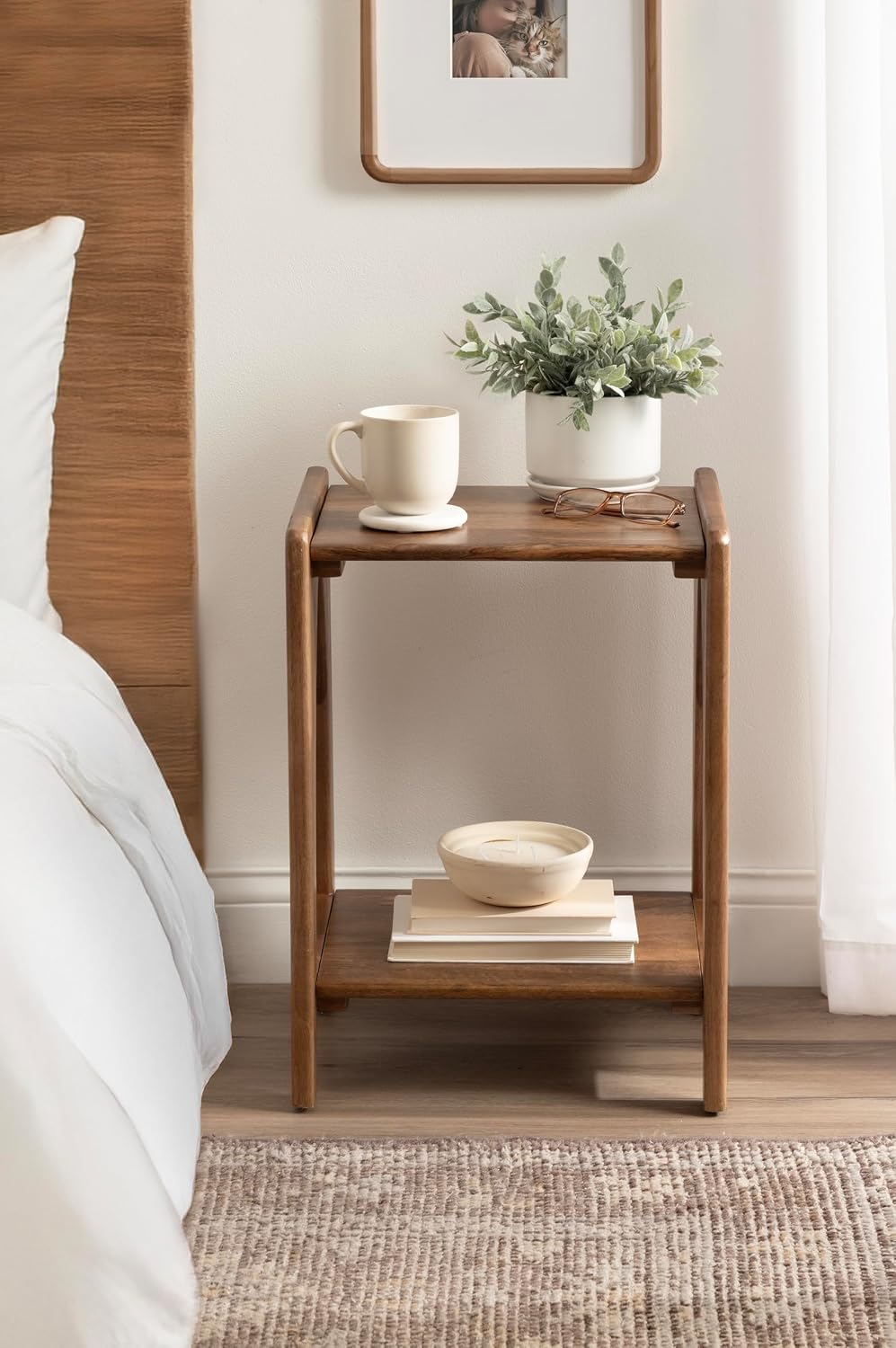 Kate and Laurel Aarstad Modern Rectangle Mango Wood Side Table, 16 x 14 x 22, Walnut Brown, Mid-Century Arched Two-Tier End Table for Use as a Bedroom Nightstand or Living Room Plant Stand