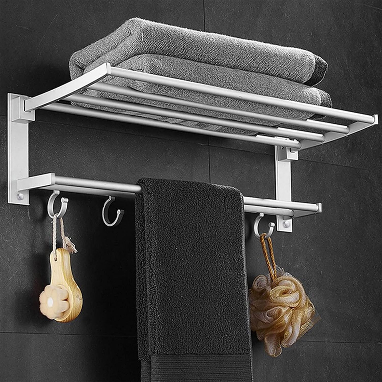 Bathroom Shelf Wall Floating Bathroom Bathroom Towel Rack 22.8 inches Foldable Wall Mounted Double Towel Holder Shelf with Foldable Towel Bar Holder and Hooks Floating Shelves Corner Shower Caddy