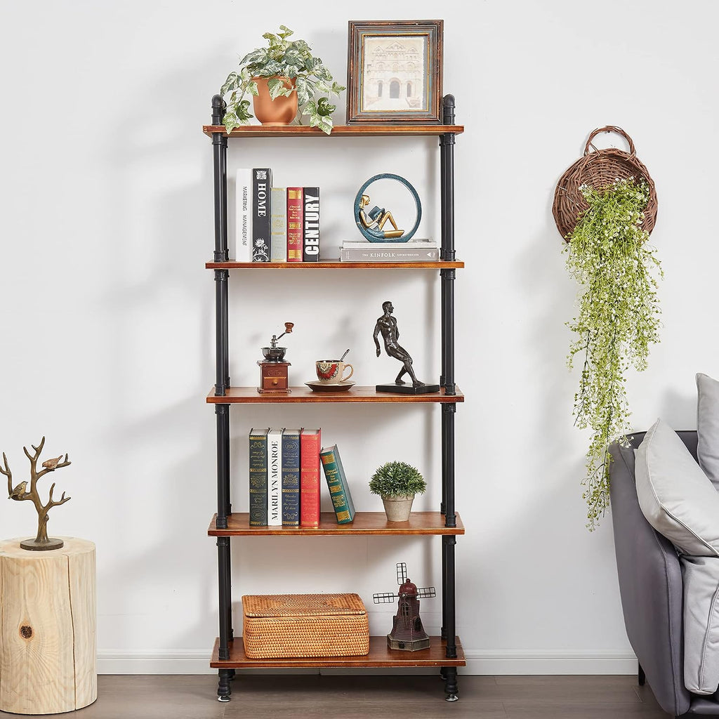 Industrial Bookshelf, Rustic Open Bookcase, 5 Tier Wood and Metal Bookshelf, Solid Pine Wood and Iron Pipe Tall Narrow Storage Shelf for Living Room Bedroom Office Kitchen