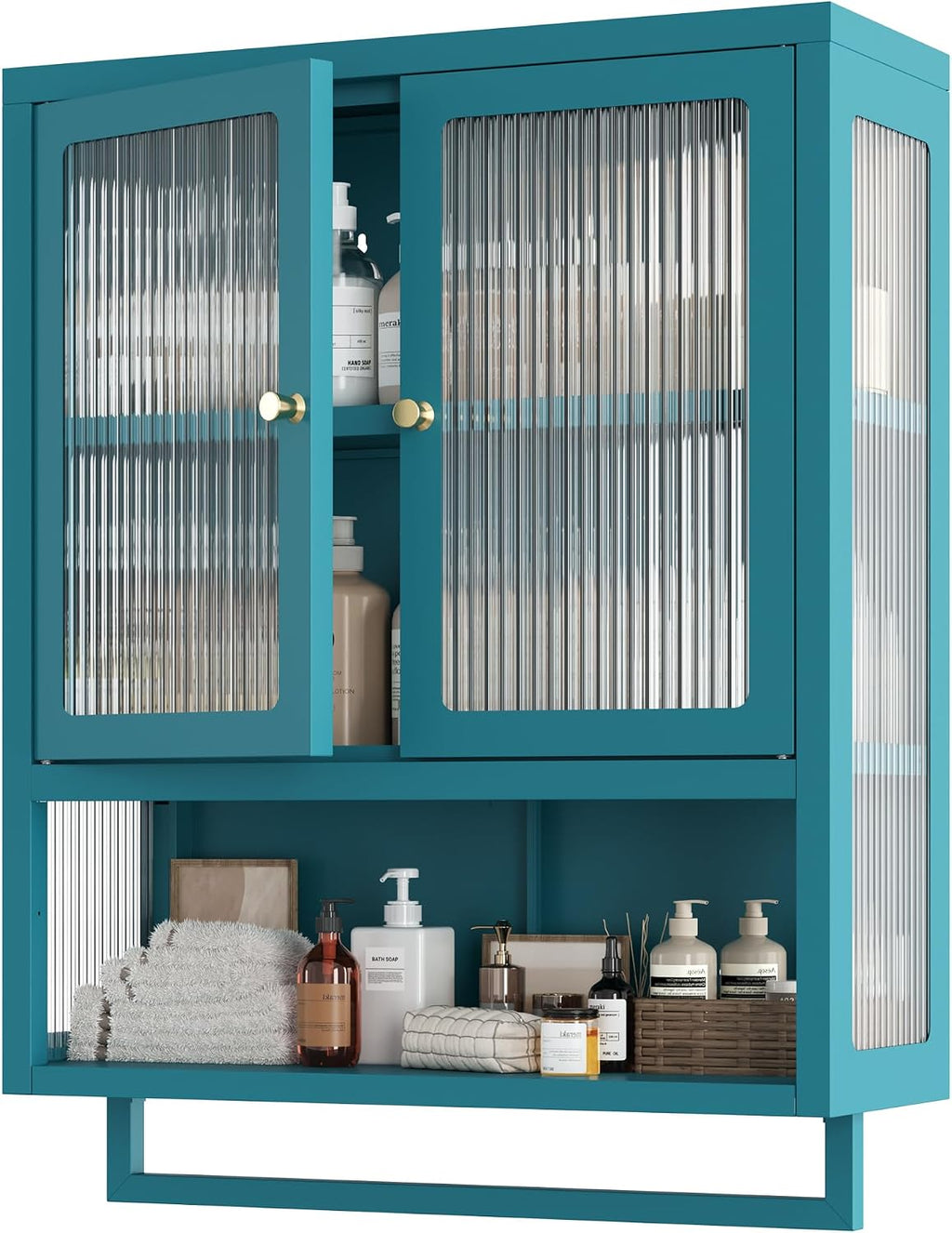 Bathroom Wall Cabinet with 2 Glass Door, Bathroom Medicine Cabinet with Towels Bar and Shelves, Over The Toilet Storage Cabinet, Metal Wall Mounted Cabinet for Kitchen (Blue)