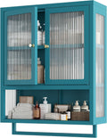 Bathroom Wall Cabinet with 2 Glass Door, Bathroom Medicine Cabinet with Towels Bar and Shelves, Over The Toilet Storage Cabinet, Metal Wall Mounted Cabinet for Kitchen (Blue)