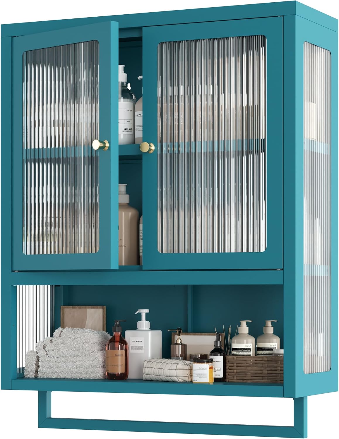 Bathroom Wall Cabinet with 2 Glass Door, Bathroom Medicine Cabinet with Towels Bar and Shelves, Over The Toilet Storage Cabinet, Metal Wall Mounted Cabinet for Kitchen (Blue)