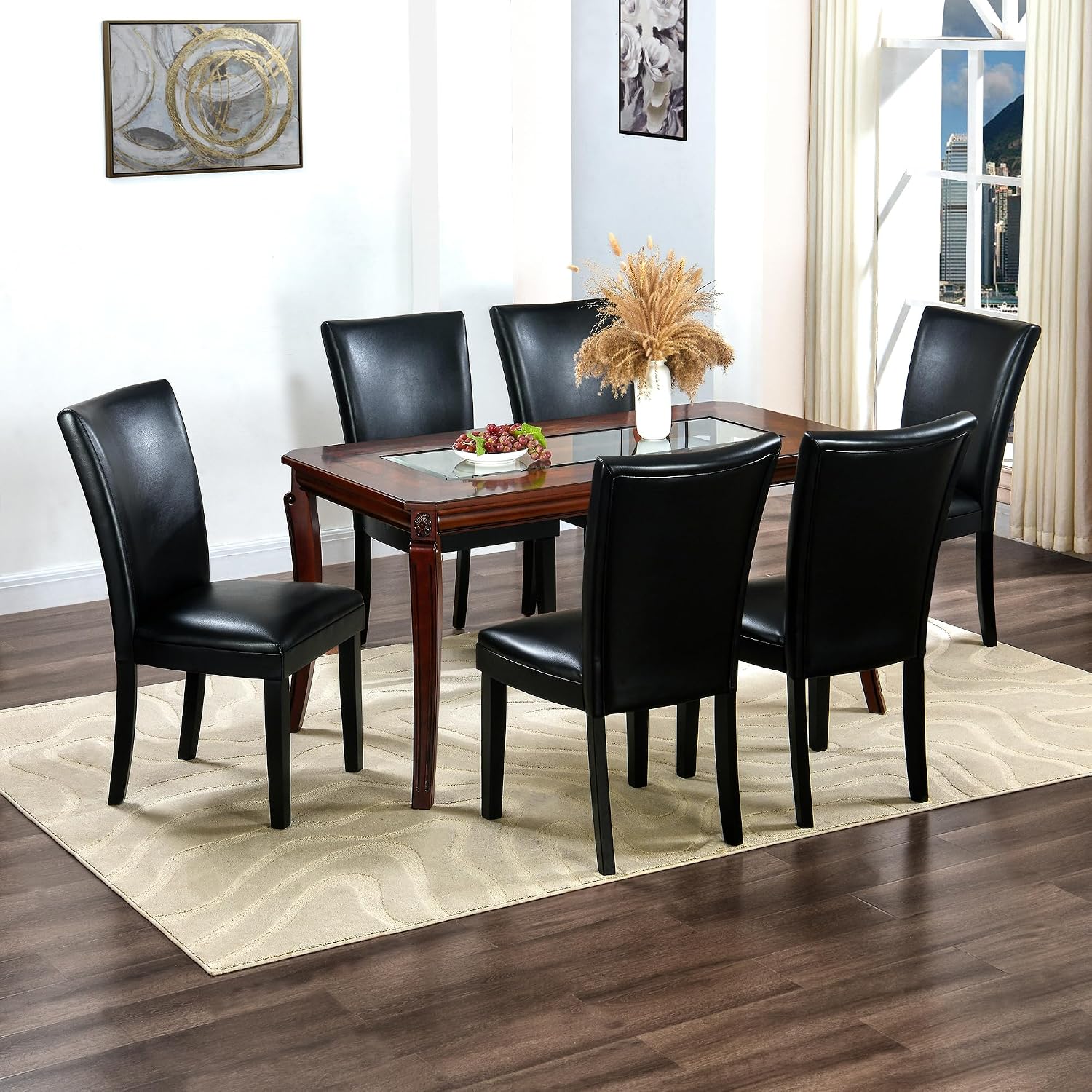 Rectangular Glass Dining Table 59' with Cherry Veneer Frame and Solid Wood Legs, for 4-6 People Tempered Glass Tabletop for Dining Room or Kitchen,Easy Assemble, Cherry Brown, CZ-A1168-GT