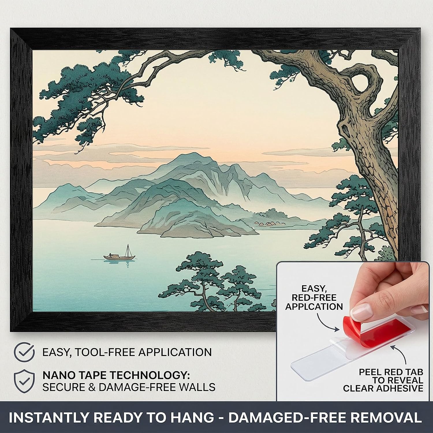 Framed Coastal Dawn Wall Art - Japanese Woodblock Style Pine Tree Seascape - Premium Black Frame - Ready to Hang 12x18 inch Decor for Home and Office - 24x36 Inch