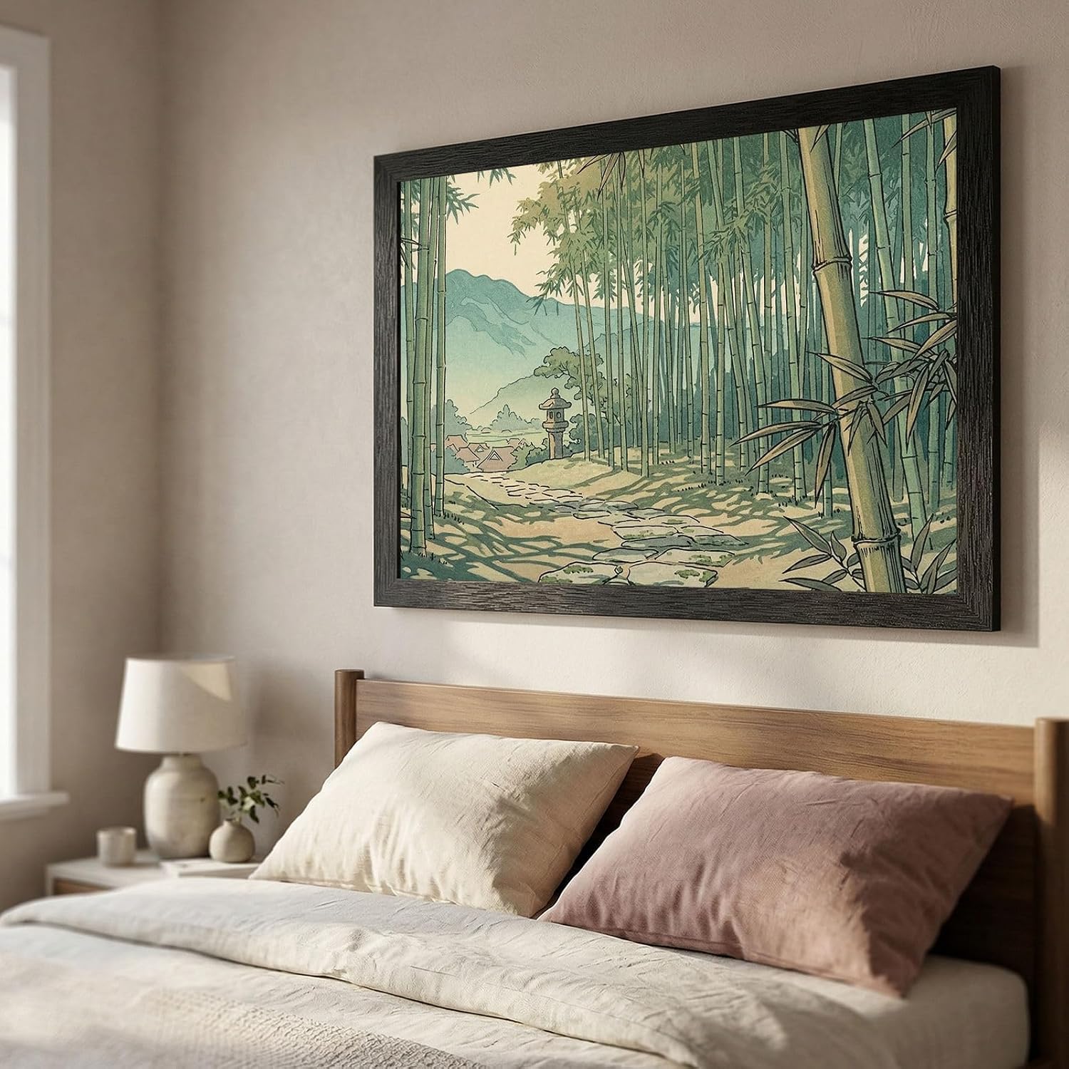 Framed Wall Art - Tranquil Bamboo Grove Japanese Style Woodblock Print in Premium Black Frame - Midday Nature Landscape Decor - Ready to Hang 16x20-24x36 Inch