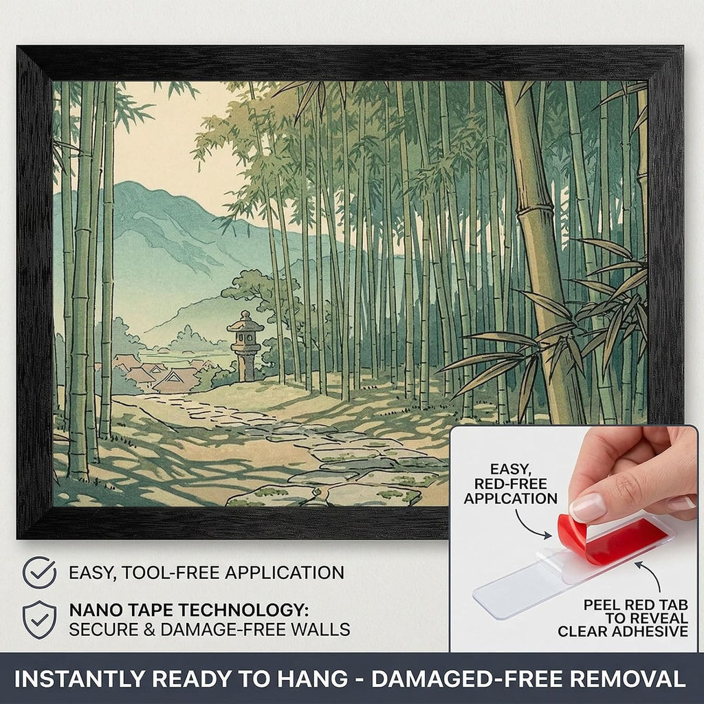 Framed Wall Art - Tranquil Bamboo Grove Japanese Style Woodblock Print in Premium Black Frame - Midday Nature Landscape Decor - Ready to Hang 16x20-24x36 Inch
