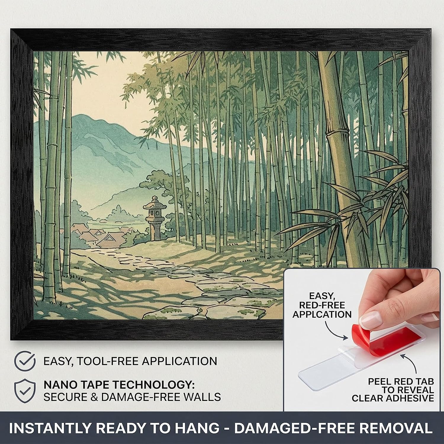 Framed Wall Art - Tranquil Bamboo Grove Japanese Style Woodblock Print in Premium Black Frame - Midday Nature Landscape Decor - Ready to Hang 16x20-24x36 Inch