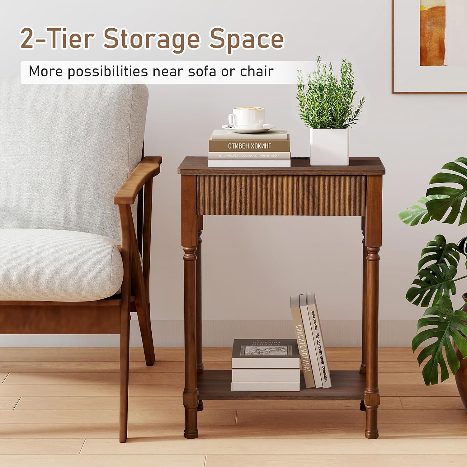 23.6' Large End Table with Charging Station, Set of 2, Modern Farmhouse Side Table with Drawer&Open Shelf, Fluted Wood Bedside Table Sofa Tables Night Stand for Bedroom Living Room Home Office,Walnut