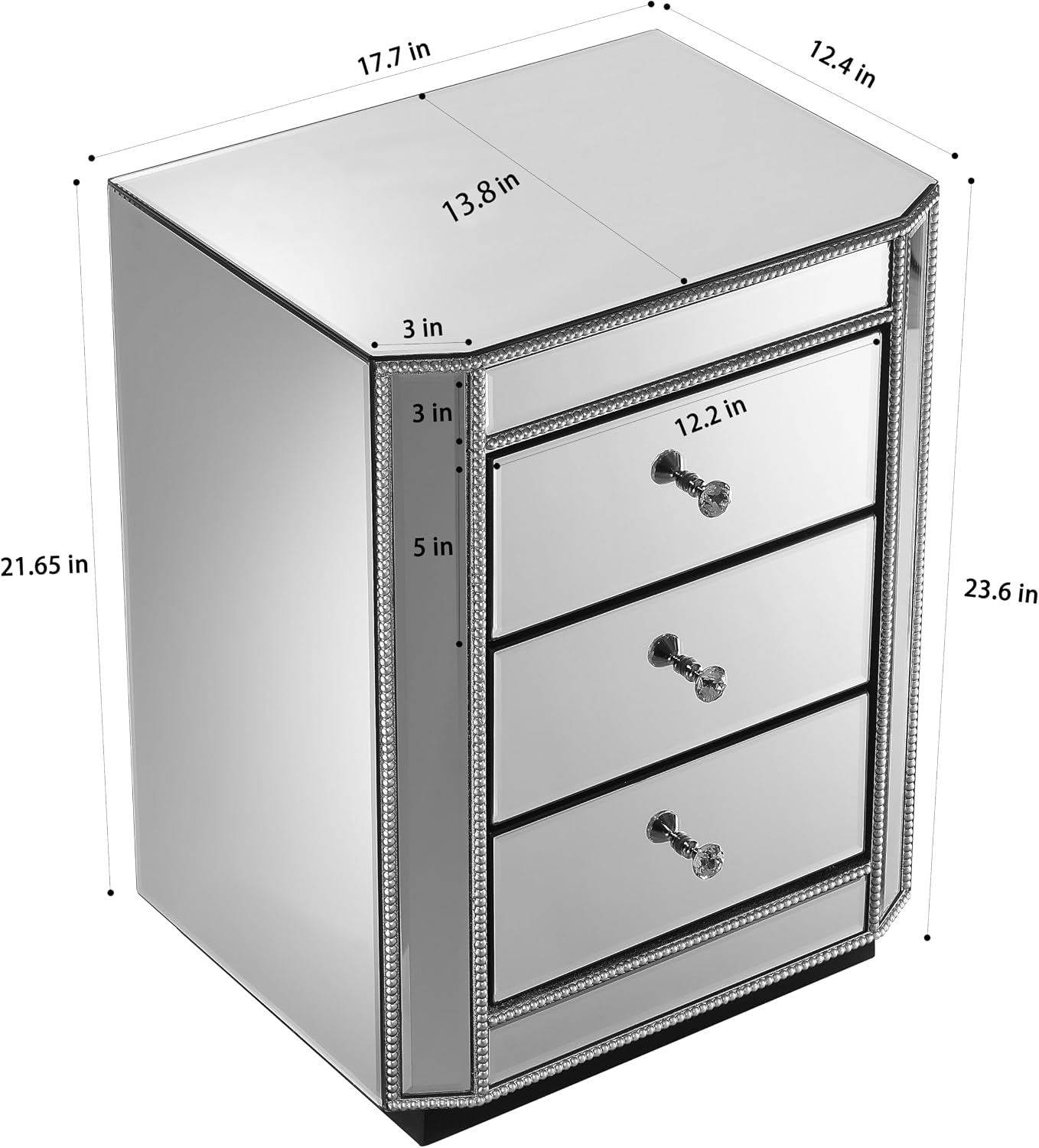 3-Drawer Mirrored Nightstand Bedside Table, Modern Mirrored End Side Table for Living Room, Bedroom, Entryway
