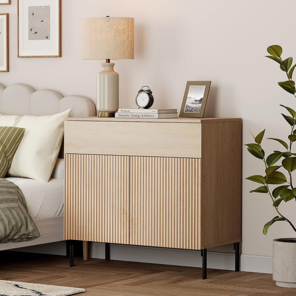 WAMPAT Fluted End Table Set of 2 with 1 Drawer & 1 Storage Cabinet, Modern Sofa Table with 2 Open Door, Wooden Side End Table for Living Room, Nighstand for Bedroom, Beige
