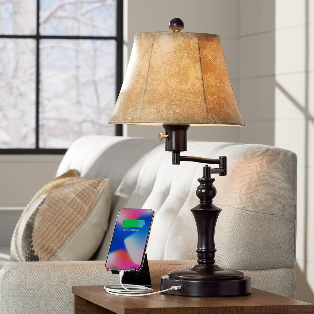 Regency Hill Corey 21.75' High Traditional Natural Cottage Swing Arm Hotel Style Desk Table Lamp with USB Ports A+C Charging Bronze Metal Faux Leather Bell Shade Living Room Bedroom House Bedside