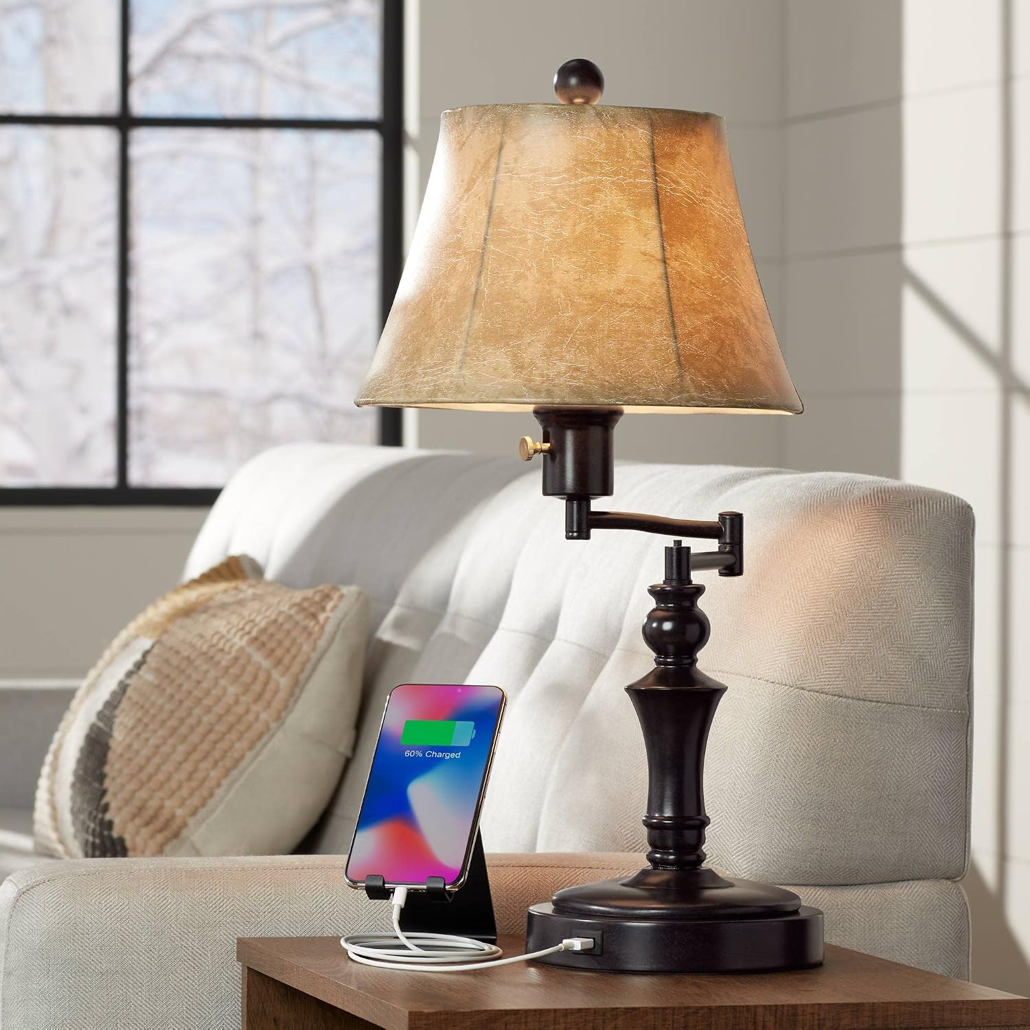 Regency Hill Corey 21.75' High Traditional Natural Cottage Swing Arm Hotel Style Desk Table Lamp with USB Ports A+C Charging Bronze Metal Faux Leather Bell Shade Living Room Bedroom House Bedside