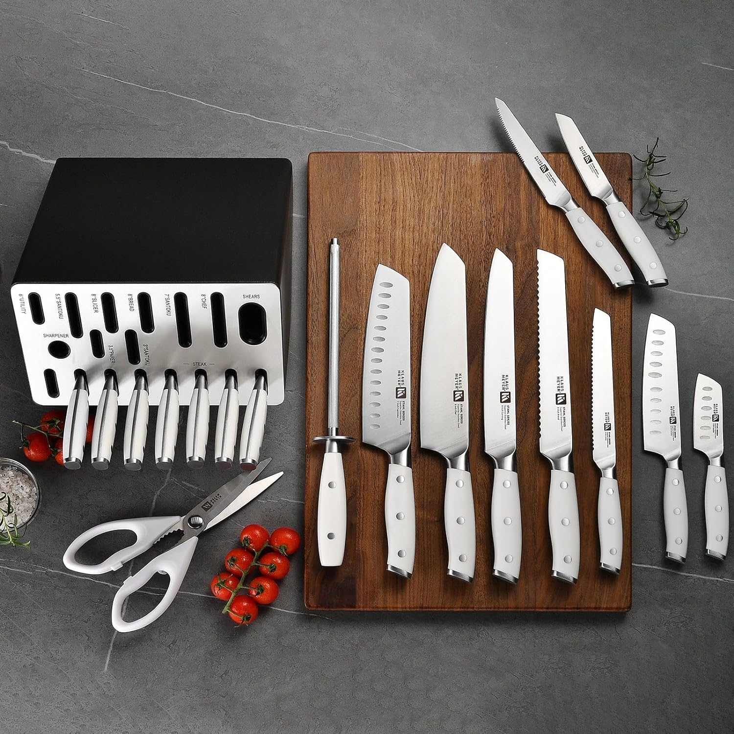 Klaus Meyer 19-Piece Knife Block Set, High Carbon German Stainless Steel (Stahl), Full-Tang Handles with Sharpener (White)