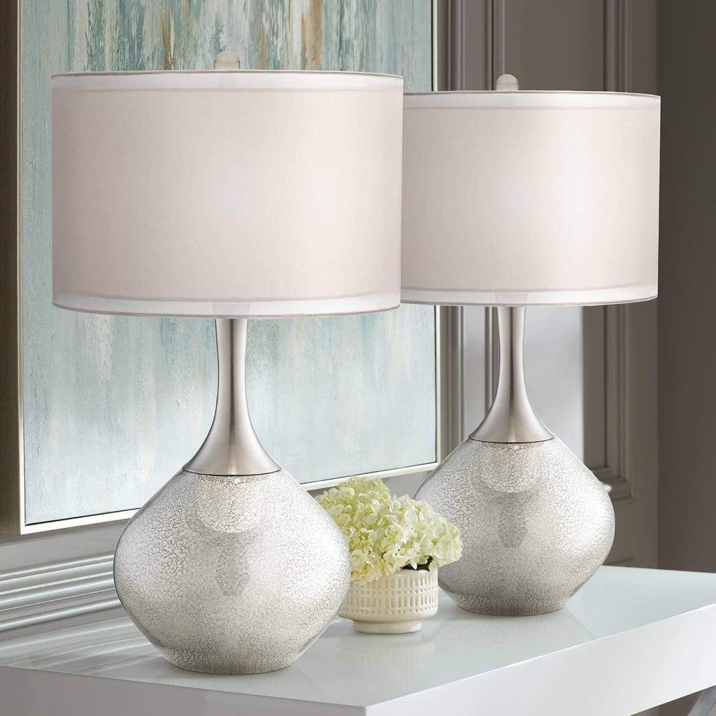 Possini Euro Design Swift Mid Century Modern Table Lamps 30.5' Tall Set of 2 Mercury Glass Chrome Double Sheer Drum Shade Decor Living Room Bedroom House Bedside Nightstand Home Office Entryway