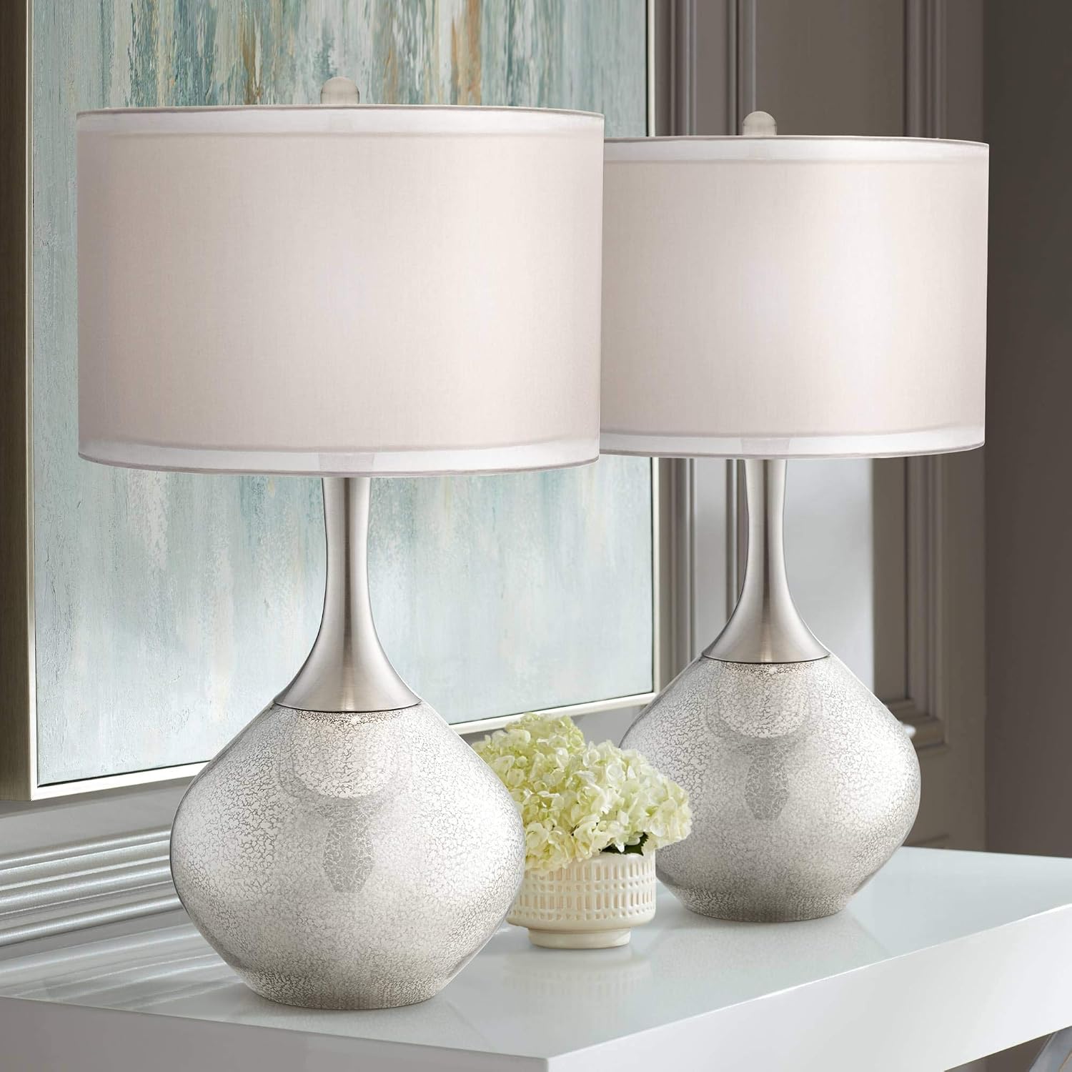 Possini Euro Design Swift Mid Century Modern Table Lamps 30.5' Tall Set of 2 Mercury Glass Chrome Double Sheer Drum Shade Decor Living Room Bedroom House Bedside Nightstand Home Office Entryway