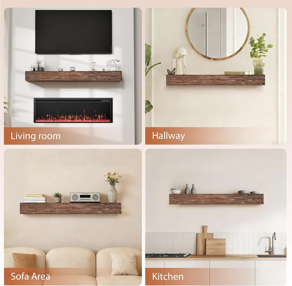 60 Inch Fireplace Mantel Shelf - 8' Deep Solid Wood Floating Mantel for Over Fireplace - 90LBS with Invisible Bracket - Handcrafted TV Decor for Livingroom & Bedroom - Charred Rustic Brown
