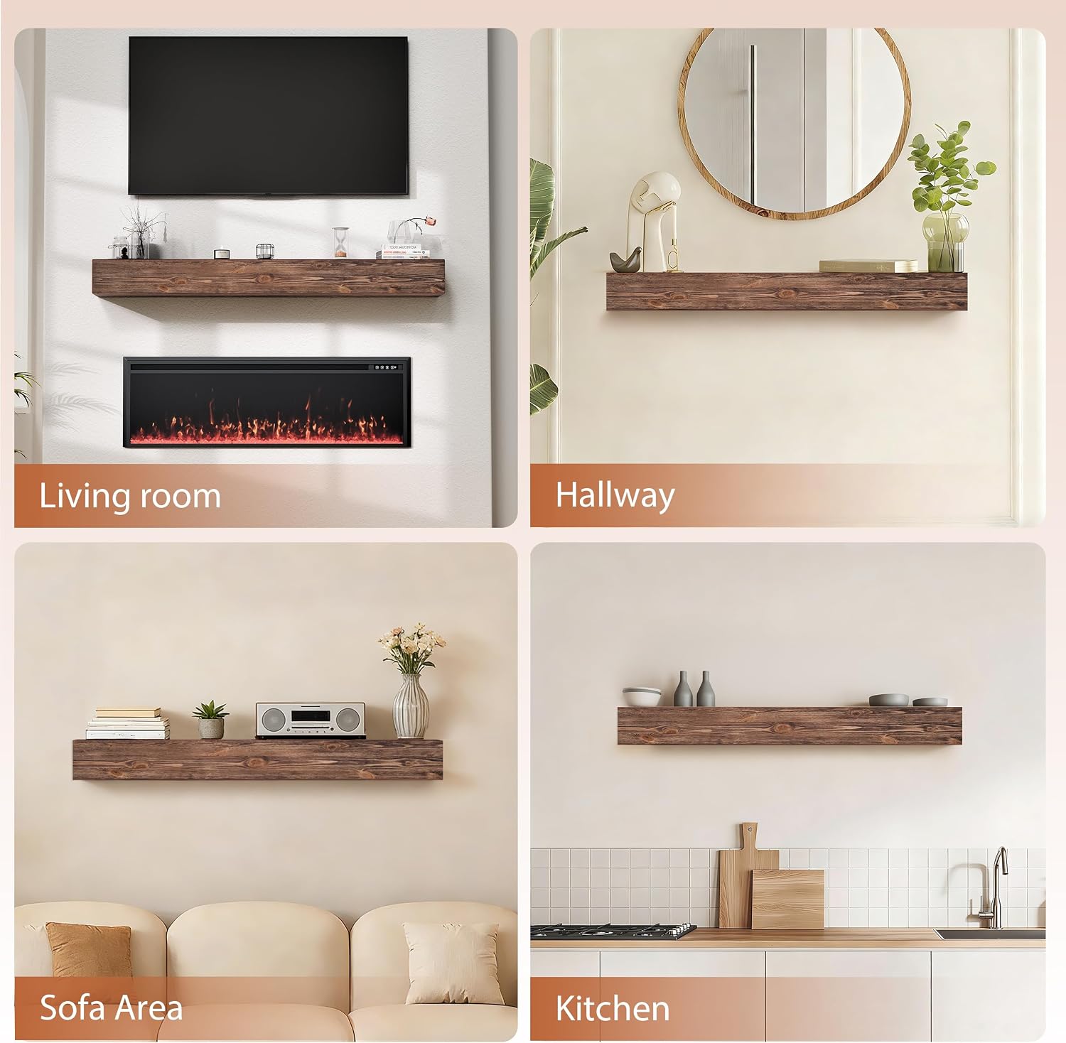 60 Inch Fireplace Mantel Shelf - 8' Deep Solid Wood Floating Mantel for Over Fireplace - 90LBS with Invisible Bracket - Handcrafted TV Decor for Livingroom & Bedroom - Charred Rustic Brown