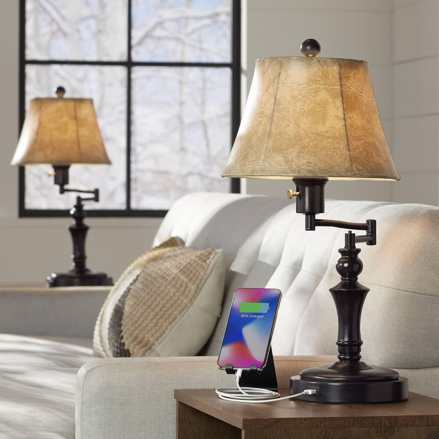 Regency Hill Corey Hill Traditional Rustic Natural Cottage Swing Arm Desk Table Lamps 21.75' High Set of 2 with USB Charging Port Bronze Metal Faux Leather Bell Shade for Living Room Bedroom